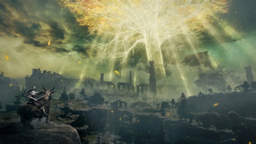 A promotional image of Elden Ring featuring the beautiful game world.