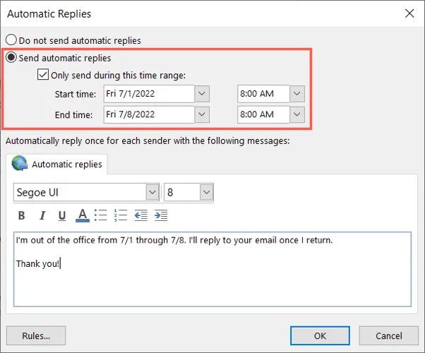Setting up automatic replies during out of office days in Outlook.