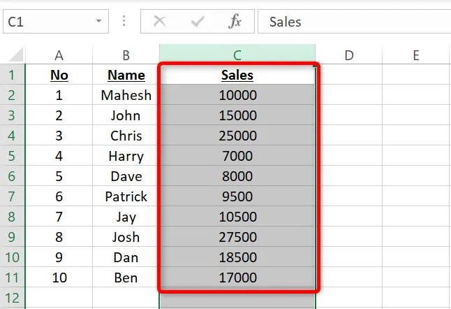 Select specific cells or the entire column.
