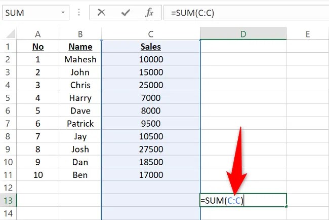 Sum an entire column with the SUM function.