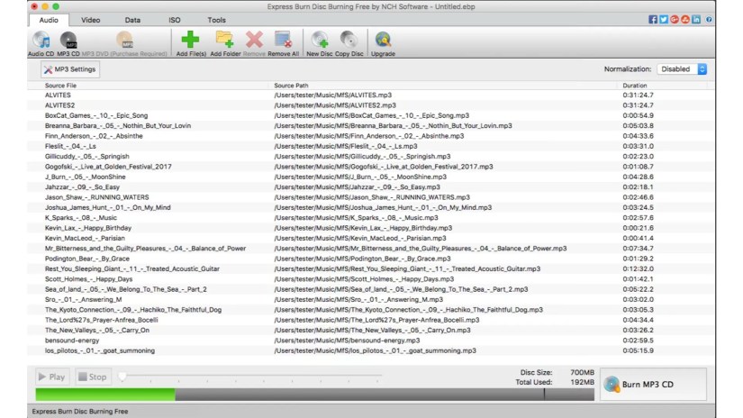 Express Burn interface open while burning an MP3 CD