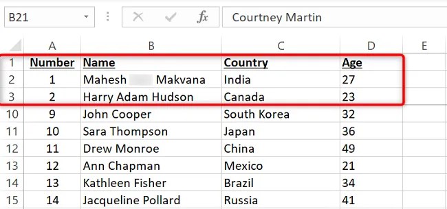 Multiple frozen rows in an Excel spreadsheet.