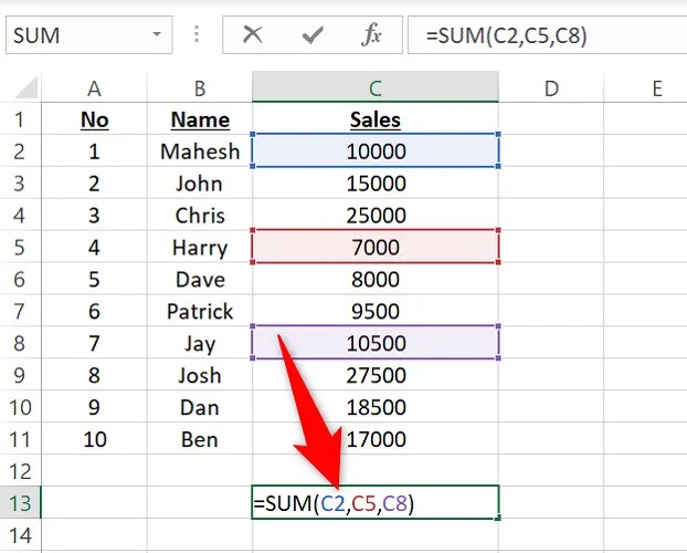 Use the SUM function for specific rows.