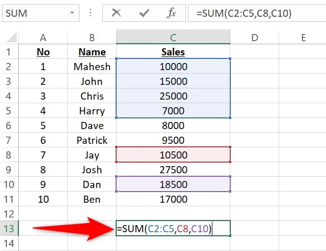 Use the SUM function with a data range and specific cells.