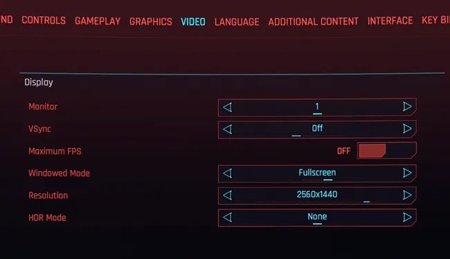 Cyberpunk Video Settings Target Monitor 1