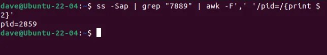 Using pipes to connect ss, grep, and awk to extract the PID string