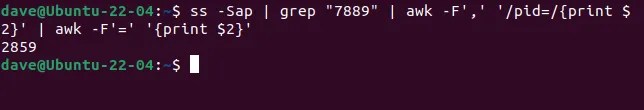 Using pipes to connect ss, grep, and awk twice, to extract the PID