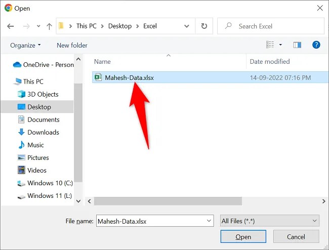 Select the Excel file.