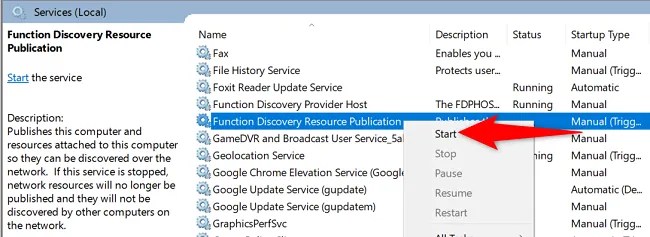 Right-click a service and choose &ldquo;Start.&quot;