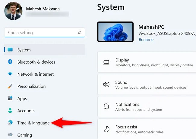 Select &ldquo;Time &amp; Language&rdquo; on the left.