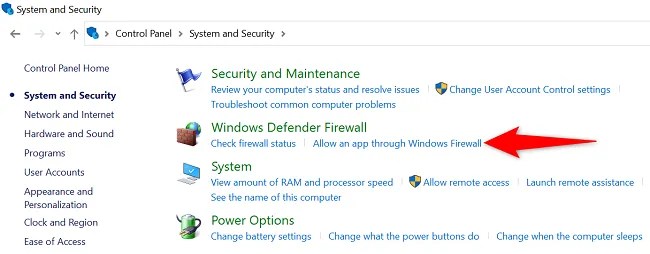 Select &ldquo;Allow an App Through Windows Firewall.&quot;