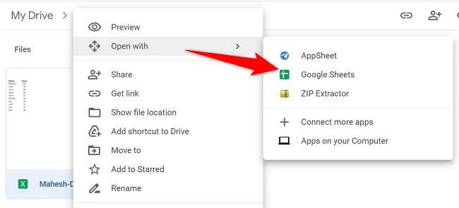 Select Open With &gt; Google Sheets.