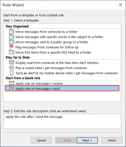 Apply to emails I send option for a rule