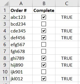 Checked boxes displaying True