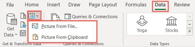 Data From Picture insert options in Excel