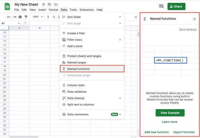 Named Functions in the Data menu with the sidebar