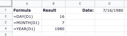 DAY, MONTH, and YEAR for a date