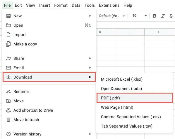 PDF in the Google Sheets Download menu