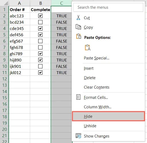 Hide in the column menu