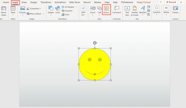 Action on the Insert tab in PowerPoint