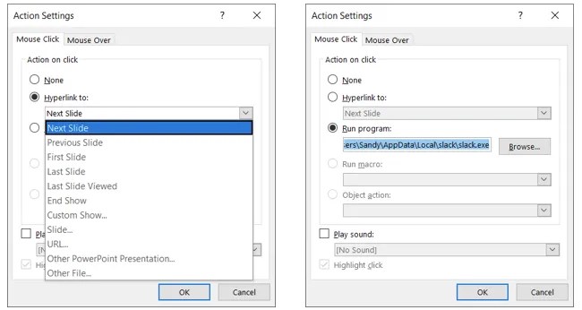 Hyperlink and Run Program actions