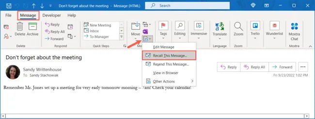 Recall This Message in the More Move Actions menu