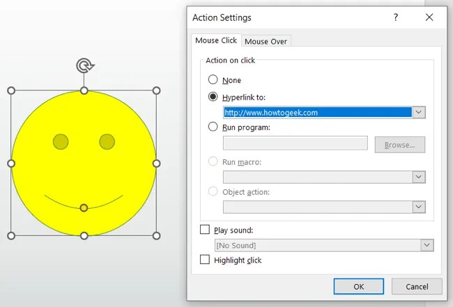 Smiley face with Action Settings
