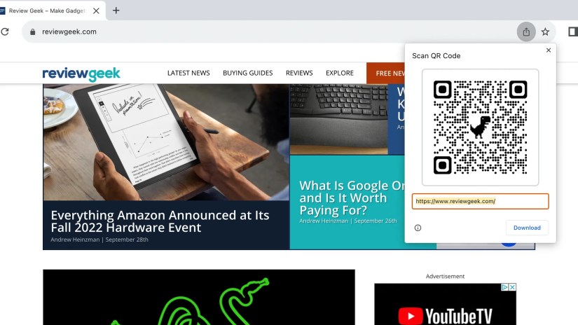 Creating a QR code for a website in Chrome.