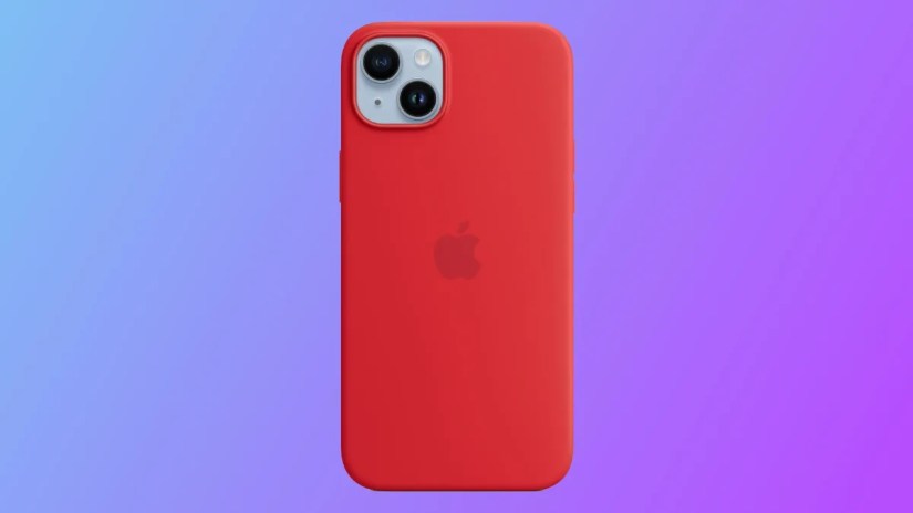 Apple red silicone case on purple background