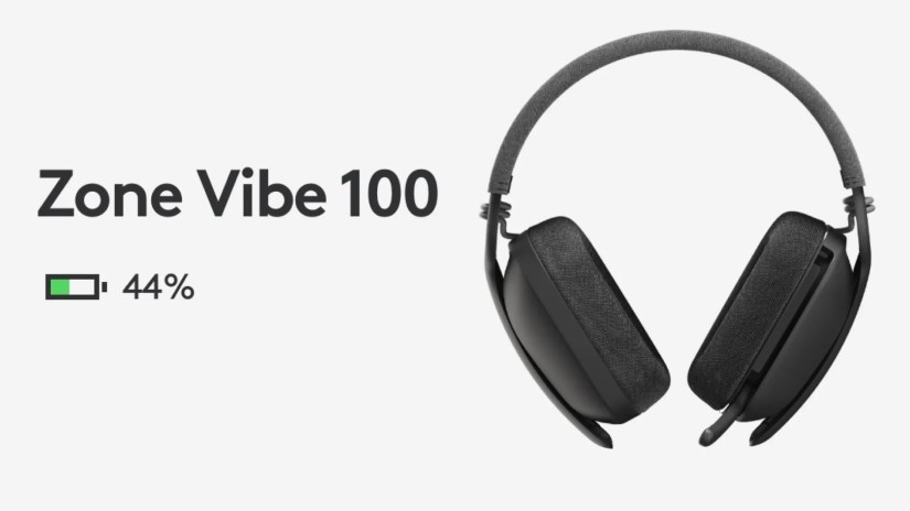 Screenshot from Logi Tune app showing the Zone Vibe 100&rsquo;s battery life at 44%.