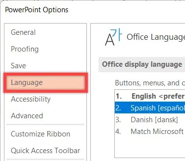 In the &ldquo;PowerPoint Options&rdquo; menu, select &ldquo;Language&rdquo; on the left.