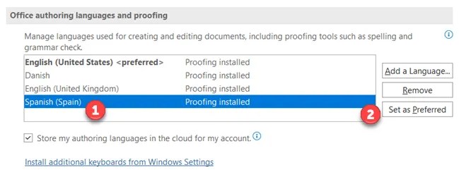 To set a new default proofing language in PowerPoint, select a language from the &ldquo;Office Authoring Languages and Proofing&rdquo; section, then press &ldquo;Set As Preferred&rdquo; to confirm.