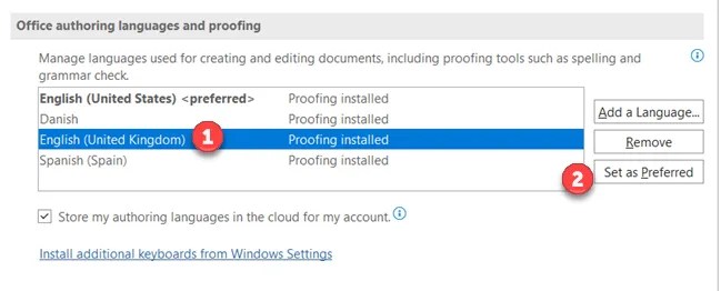 After installing a new language pack, select it as a new proofing or interface language and press &ldquo;Set As Preferred&rdquo; to apply it to PowerPoint.