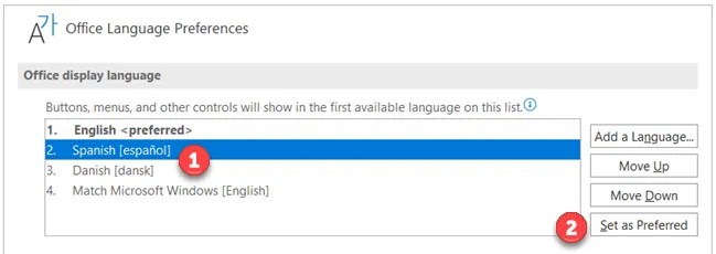 To set a new display language for PowerPoint, select it from the &ldquo;Office Display Language&rdquo; menu, then press &ldquo;Set As Preferred&rdquo; to confirm.