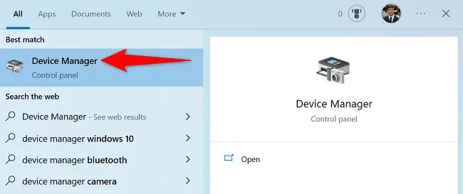 Click &ldquo;Device Manager&rdquo; in the search results.