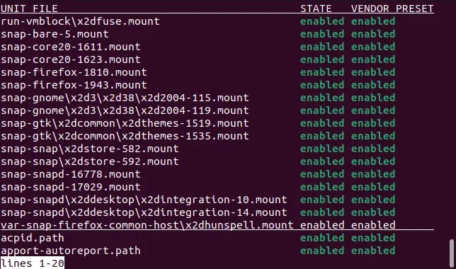 A list of unit files generated by systemctl, displayed in the less file browser