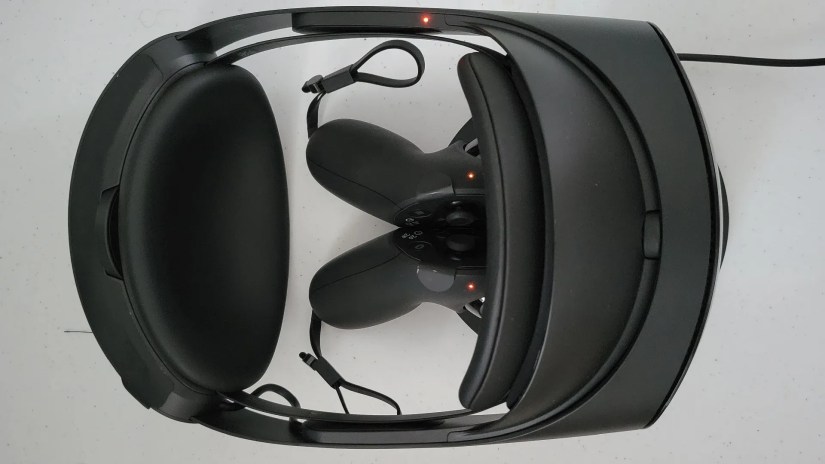 A view of the Quest Pro on the charging dock from above.