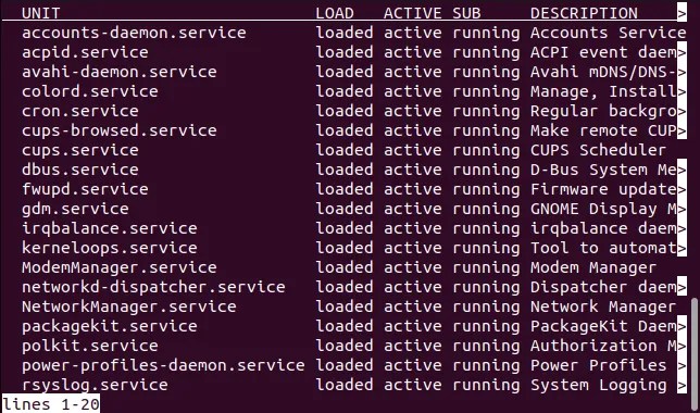 The output form a systemctl call displayed in the less file viewer