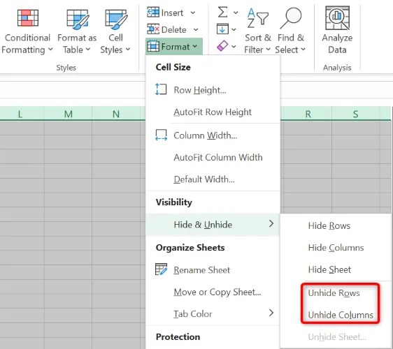 Select Format &gt; Hide &amp; Unhide &gt; Unhide Rows or Unhide Columns.