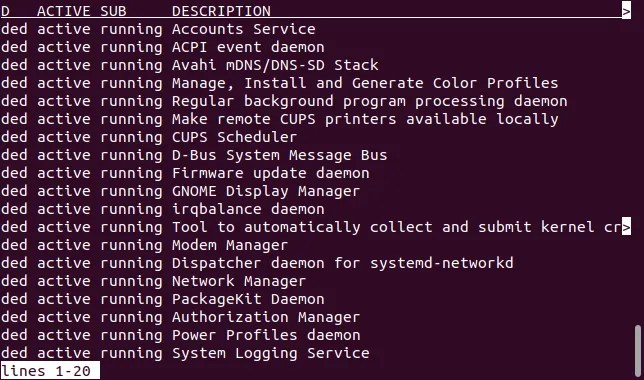 The right-hand section of output form a systemctl call displayed in the less file viewer