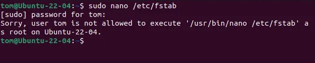 Trying to edit the /etc/fstab file without sudo privileges
