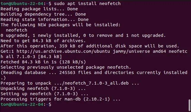 User Tom using the apt command with sudo