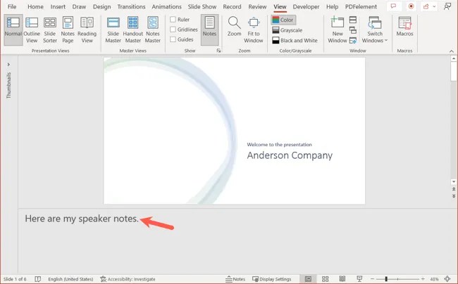 Notes added to a PowerPoint slide
