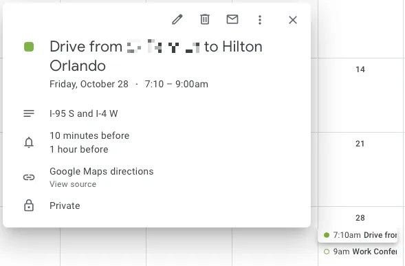 Travel time event added to Google Calendar