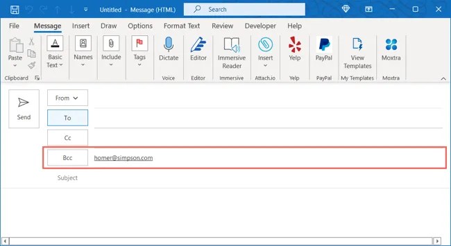 BCC field with an email address added in Outlook
