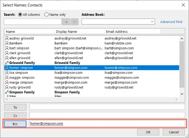 Select Names window in Outlook