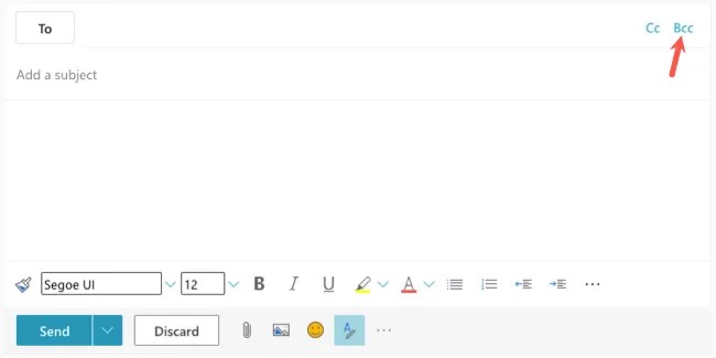 BCC next to the To field on Outlook.com