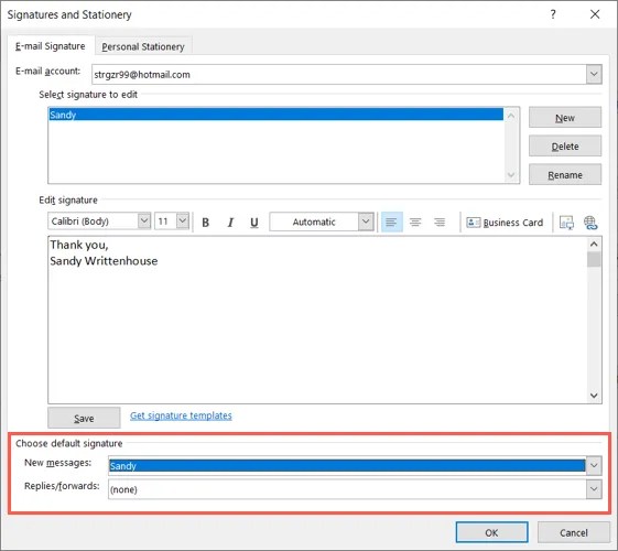 Default signature drop-down boxes