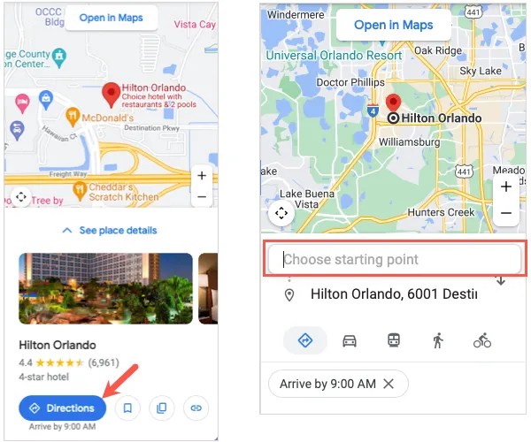Directions button and Starting Point field
