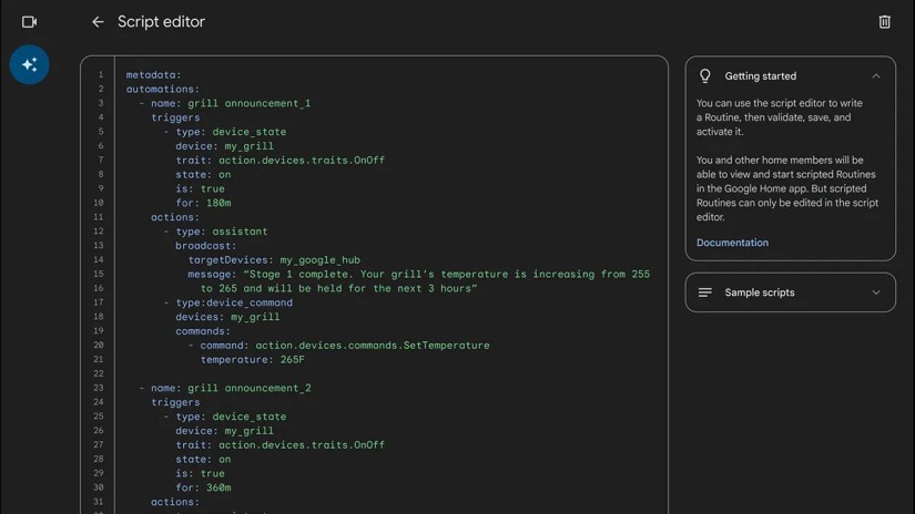 An example of Google&rsquo;s new smart home scripting interface.